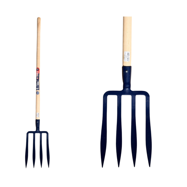 Fourche à bêcher 4 dents 27x18 spatules EM110 bois, pour les terres légères et les sols sableux, disponible chez jardins loisirs