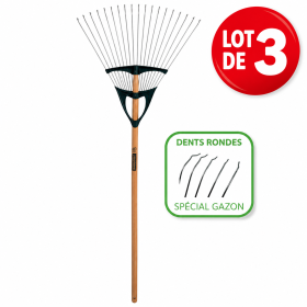 Balai à gazon Xfil 20 dents rondes acier EM150 bois Lot de 3 LEBORGNE